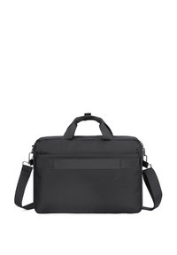 Zwarte laptoptas met een gestructureerde buitenkant, dubbele bovenhandvaten, een verstelbare schouderband en een voorkantvak. Ritssluiting.