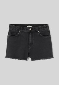 Shorts en denim noir à taille haute, avec un ourlet effiloché, des poches avant et une fermeture par bouton métallique. Texture lisse avec une coupe classique.