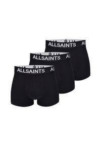 Tres pares de bóxers negros con una cinturilla elástica blanca de la marca "ALLSAINTS", hechos de tela suave. Corte regular y diseño sin costuras.