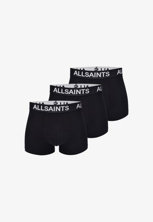 Three pairs of black boxer briefs with a white "ALLSAINTS" branded elastic waistband, made of smooth fabric. Regular fit and seamless design.