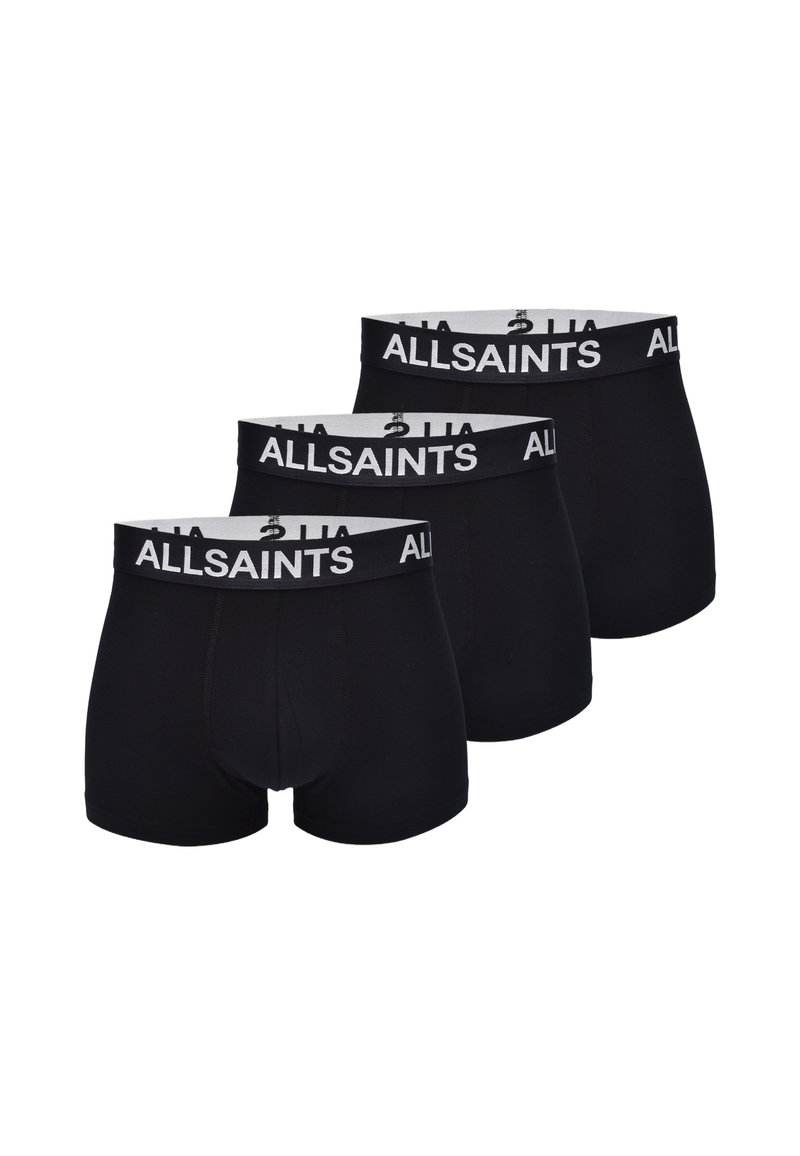 Tres pares de bóxers negros con una cinturilla elástica blanca de la marca "ALLSAINTS", hechos de tela suave. Corte regular y diseño sin costuras.