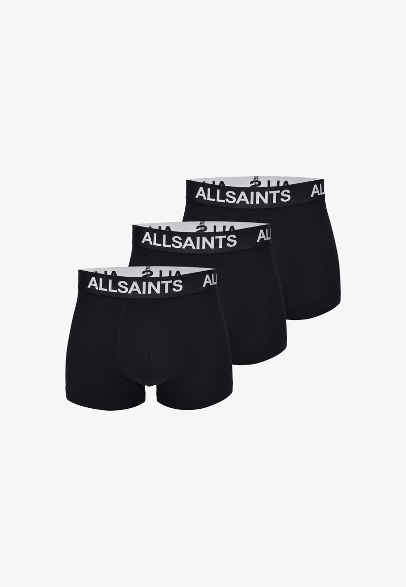 Tre par svarta boxerkalsonger med ett vitt "ALLSAINTS"-märke på elastisk midjeband, tillverkade av slät tyg. Regular fit och sömlös design.