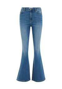 Pantalones vaqueros acampanados azules de denim, con una cintura alta, clásico diseño de cinco bolsillos y un ligero desgaste, con abertura de pierna ancha.