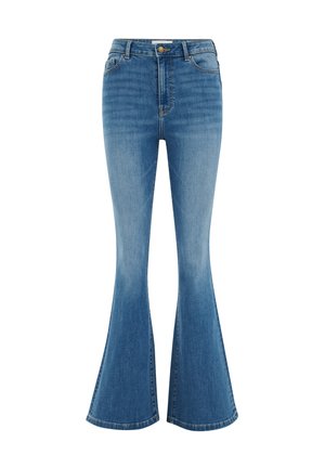 Jeans a zampa d'elefante blu in denim, con vita alta, classico design a cinque tasche e leggera scoloritura, con apertura a gamba ampia.