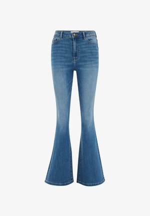 Blaue Schlagjeans aus Denim, mit hoher Taille, klassischem Fünf-Taschen-Design und leichter Ausbleichung sowie weitem Beinabschluss.