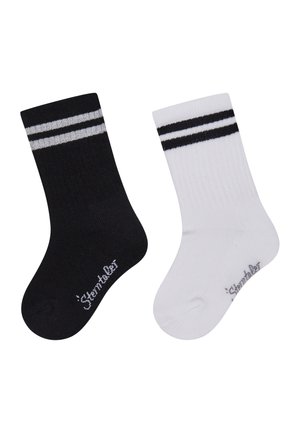One black and one white mid-calf sock, each with two horizontal stripes near the top and brand name printed near the toes.