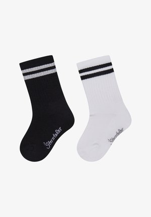 One black and one white mid-calf sock, each with two horizontal stripes near the top and brand name printed near the toes.