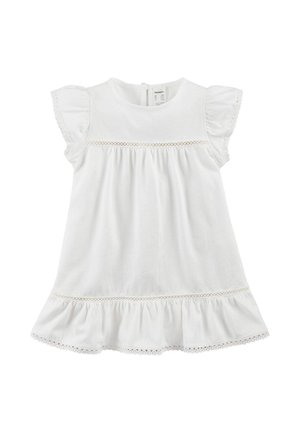 Weißes Babykleid mit kurzen, gerafften Ärmeln, Spitzenbesatz über der Brust und am Saum sowie einem detailreich gesammelten Rock.