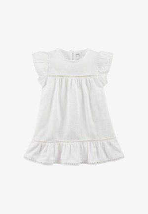 Weißes Babykleid mit kurzen, gerafften Ärmeln, Spitzenbesatz über der Brust und am Saum sowie einem detailreich gesammelten Rock.