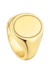 Gold signet ring with a smooth, flat top and curved band. Shiny finish, no visible patterns or embellishments. Simple, elegant design.