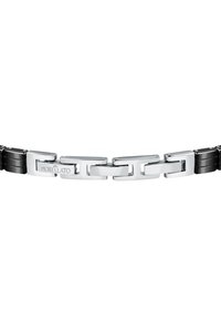 Bracciale in metallo con maglie alternate in argento lucido e dettagli neri, con logo "MORELLATO" inciso su una maglia in argento.