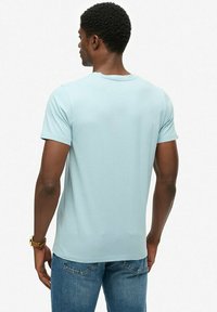 Lichtblauwe t-shirt met korte mouwen van zacht katoen met een ronde hals. De achterzijde toont een gladde textuur en een relaxte pasvorm.