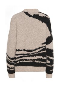 Sweatshirt beige avec une surface texturée, présentant des motifs de vagues abstraits noirs sur le dos et les manches. Poignets et ourlet côtelés.