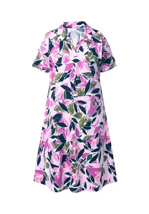 A-Linien-Kurzarmkleid mit kragenförmigem Ausschnitt, versehen mit einem abstrakten Blattmuster in Pink, Marineblau und Oliv.