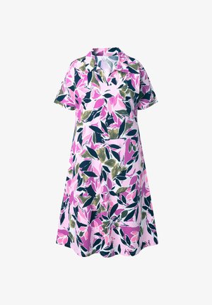 A-Linien-Kurzarmkleid mit kragenförmigem Ausschnitt, versehen mit einem abstrakten Blattmuster in Pink, Marineblau und Oliv.