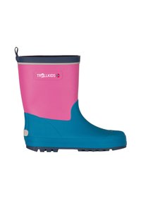 Παιδική λαστιχένια βροχερή μπότες σε ροζ και μπλε χρώμα με το λογότυπο "Trollkids" και τη νορβηγική σημαία στην επάνω εξωτερική πλευρά, καθώς και με σκούρο πέλμα.