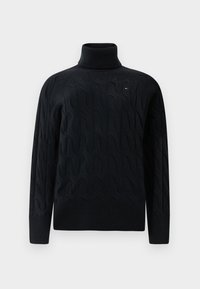 Maglione nero a dolcevita in maglia, caratterizzato da un motivo a treccia testurizzato, polsini e orlo a costine, con un piccolo logo sul petto.