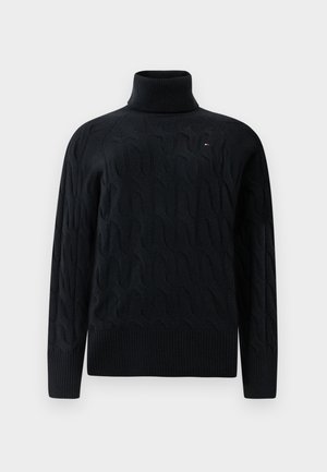 Maglione nero a dolcevita in maglia, caratterizzato da un motivo a treccia testurizzato, polsini e orlo a costine, con un piccolo logo sul petto.