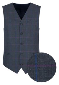 Szary kamizelka w kratkę z pięcioma guzikami, klapami w kształcie notcha, kieszeniami bocznymi oraz gładkim teksturem materiału; wstawka pokazuje zbliżenie na wzorzysty materiał.