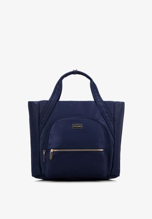 Marineblaue Nylon-Tote-Tasche mit zwei oberen Griffen, einer Front-Reißverschlusstasche und goldfarbener Hardware. Strukturierter Entwurf mit sichtbaren Nähakzenten.