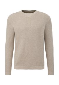 Pull beige à manches longues en tricot avec col rond et motif gaufré texturé, adapté pour un style décontracté ou semi-formel.