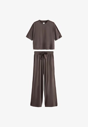 Cropped brown top with short sleeves and matching wide-leg pants featuring an elastic waistband and drawstring. Smooth texture, minimal design.