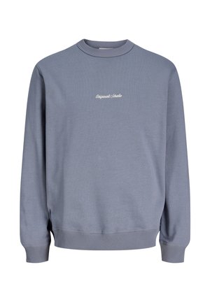 Modra majica s posadkim izrezom, dolgimi rokavi ter rebrastimi manšetami, spodnjim robom in ovratnikom, z majhnim belim napisom "Originals Studio" na prsih.