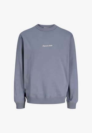 Blauer Sweatshirt mit Rundhalsausschnitt, langen Ärmeln und gerippten Bündchen an Ärmeln, Saum und Kragen, mit kleinem weißen "Originals Studio"-Schriftzug auf der Brust.
