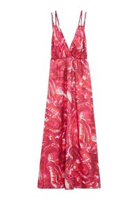 Vestido maxi rosa con un escote en V profundo, tirantes finos y cintura elástica. Presenta un patrón de paisley en diferentes tonos de rosa y blanco.