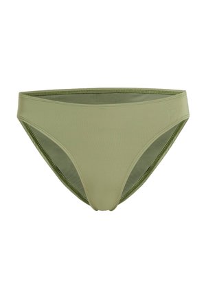 Grønn bikini-bunn laget av glatt stoff, med lavt liv, kontrasterende mesh-detaljer og sømløs finish.