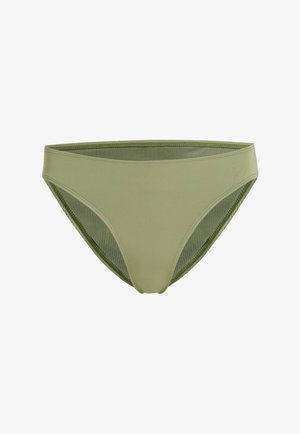 Zeleni bikini spodnji del iz gladkega materiala, z nizkim pasom, kontrastnimi mrežastimi detajli in brezšivnim zaključkom.