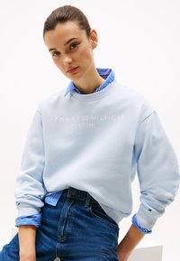 Ανοιχτού μπλε φούτερ με λευκό κείμενο "TOMMY HILFIGER", φορεμένο πάνω από πουκάμισο με μπλε και άσπρες ρίγες. Υφαντού βαμβακερού υλικού, σε χαλαρή γραμμή.