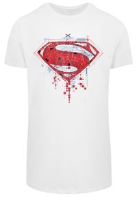 White t-shirt featuring a large red and black Superman logo with digital pixel patterns, and geometric accents in blue and black.