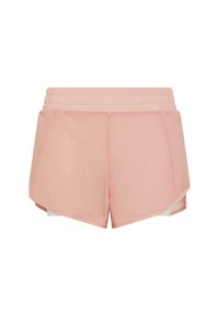 Šortai iz mehkega roza blaga s ukrivljenim robom, opremljeni z širokim elastičnim pasom in kontrastno notranjo oblogo. Primerni za aktivno nošnjo.
