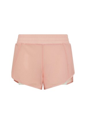 Korte broeken van zacht roze stof met een afgeronde zoom, voorzien van een brede elastische tailleband en contrasterende binnenvoering. Geschikt voor sportieve activiteiten.