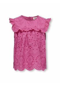 Roze katoenen blouse met gerimpelde mouwen, met geborduurde bloemenpatronen en een gegolfde zoom. Knopsluiting aan de achterkant.