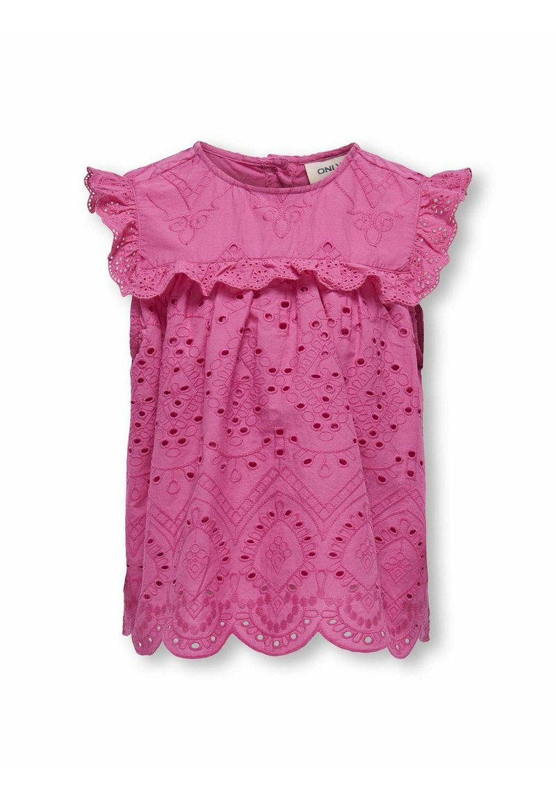 Roze katoenen blouse met gerimpelde mouwen, met geborduurde bloemenpatronen en een gegolfde zoom. Knopsluiting aan de achterkant.