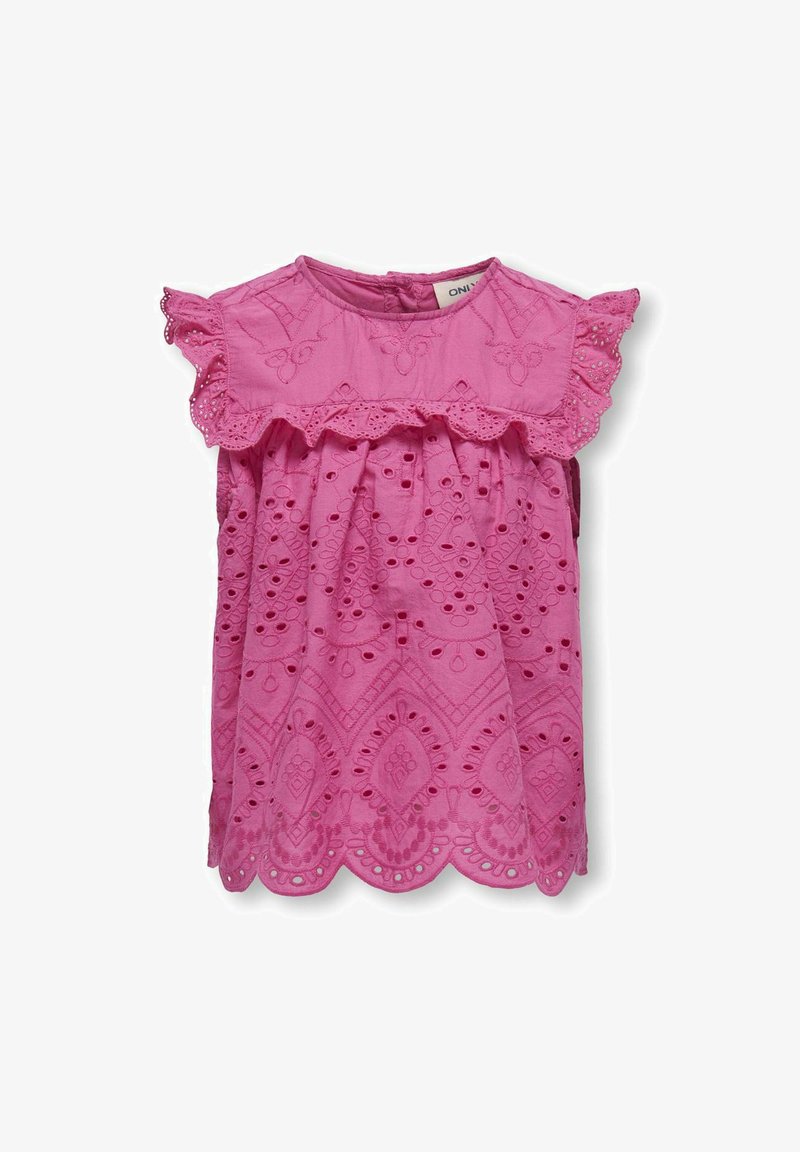 Rosa bomullbluse med volangerm, prydet med broderte blomsterdesign og bølgete kant. Knapplukking bak.