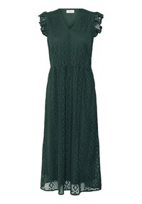 Dark green midi dress with a V-neck, textured fabric, lace trim on shoulders, and intricate diamond patterns throughout.