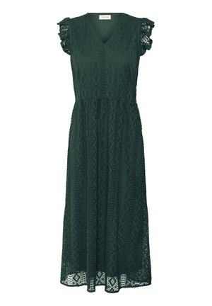 Vestido midi verde oscuro con escote en V, tejido texturizado, con borde de encaje en los hombros y patrones intrincados de diamantes por todo el vestido.