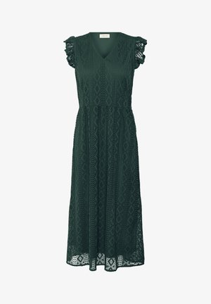 Abito midi verde scuro con scollatura a V, tessuto texturizzato, bordi in pizzo sulle spalle e intricati motivi a diamante su tutta la superficie.