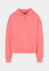 Růžová, mírně vybledlá mikina s klokaní kapsou, kapucí na stahování a černým logem Nike na hrudi. Materiál z bavlněné směsi, volný střih.