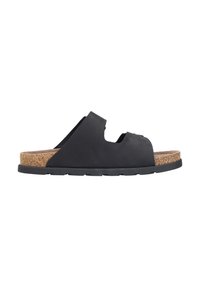 Czarna gumowa sandał z otwartym noskiem i bocznymi wycięciami, z teksturowaną korkową wkładką i czarną gumową podeszwą.