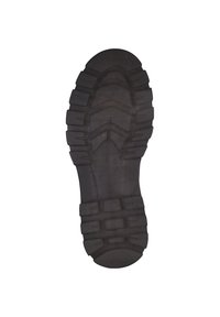 Gummi-Außensohle mit tiefen Rillen und Erhebungen, schwarz. Verfügt über eine abgerundete Zehenpartie und eine verstärkte Ferse für zusätzliche Haltbarkeit und Traktion.