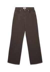 Brązowe dżinsy o szerokich nogawkach, wykonane z denimu, z wysokim stanem, szlufkami na pasek, kieszeniami z przodu i prostym wykończeniem bez ozdób.