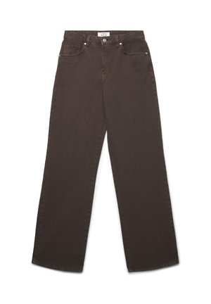 Jeans marroni a gamba larga in denim, con vita alta, passanti per la cintura, tasche frontali e orlo pulito senza decorazioni.