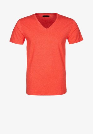 Korte mouwen, v-hals t-shirt in een heldere koraalkleur. Gemaakt van een zachte katoenmix, met een gladde textuur en een ontspannen pasvorm.