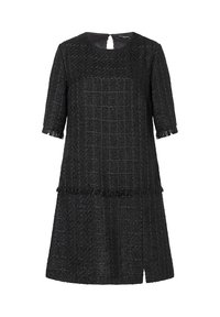 Schwarzes Tweedkleid mit Rundhalsausschnitt, kurzen Ärmeln, Fransendetail am Saum und einer Schlüssellochöffnung am Rücken.
