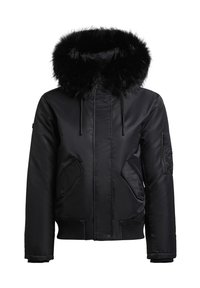 Jachetă bomber neagră din material neted și lucios, având un glugă căptușită cu blană, două buzunare laterale și manșete elastice.