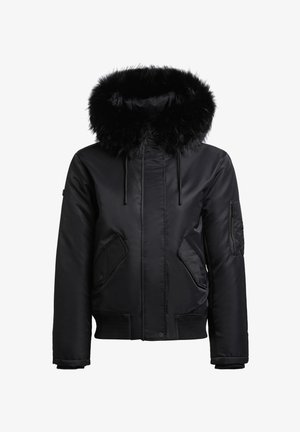 Black bomber jacket made of smooth, shiny material, featuring a fur-lined hood, two side pockets, and elastic cuffs.